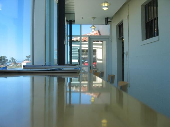 In the cafe overlooking the bay